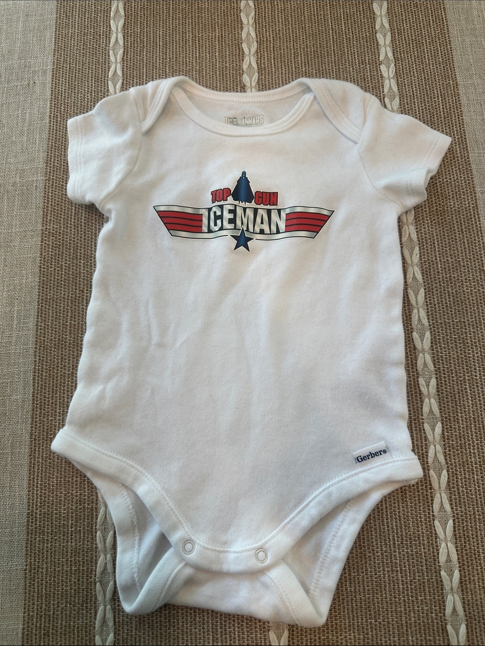 Gerber White Baby One-Piece with Red and Blue 'Top Gun Iceman' Graphic